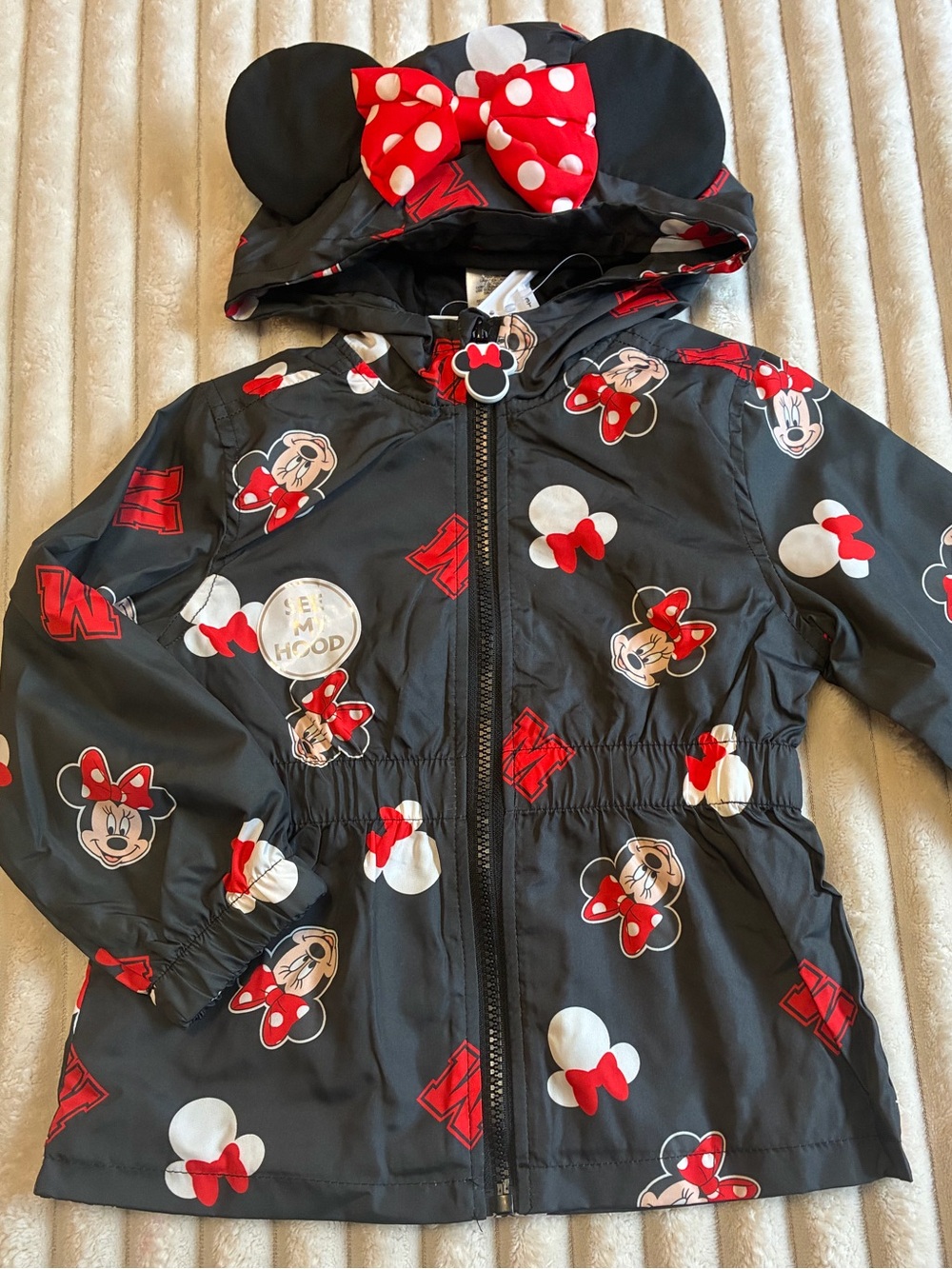 Disney Minnie Mouse Windbreaker Jacket Size 3T Black NWT Ears Bow